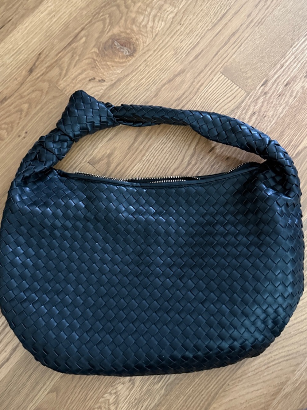 Melie Bianco Black Woven Shoulder Bag with Knotted Handle